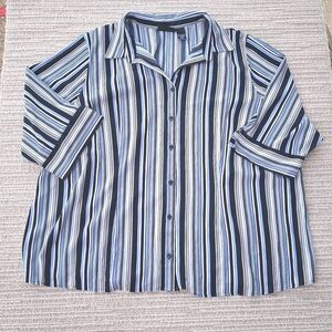 Maggie Barnes 2X 22/24W Blue Striped Women's Button Up 3/4 Sleeve Blouse Top